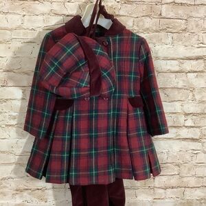 Vintage Rothschild 3 Pc. Set Red Green Plaid Lined Wool Pea Coat Hat Leggings 2
